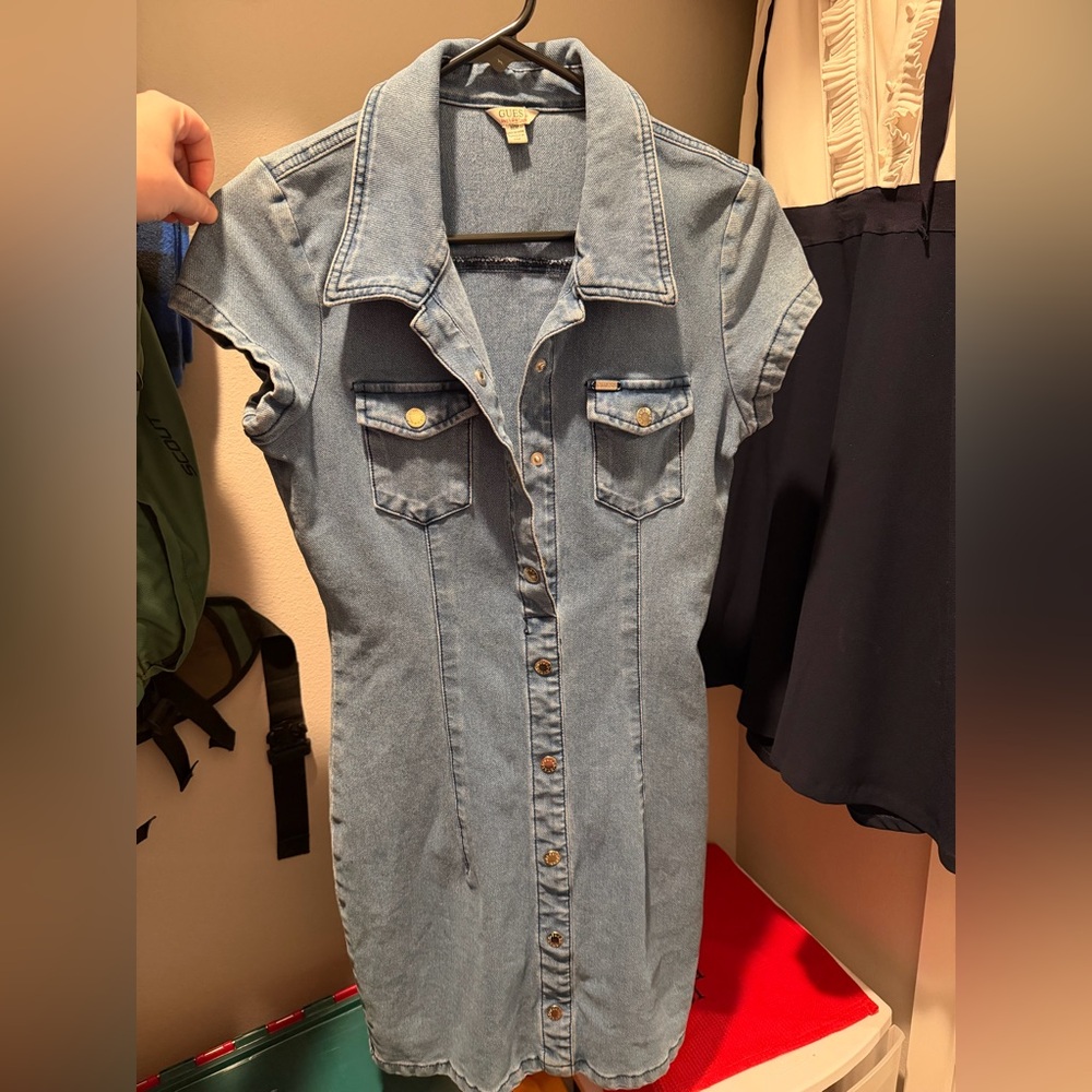 Guess Denim Mid Wash Fitted Short Sleeve Mini Dress Bodycon Stretch